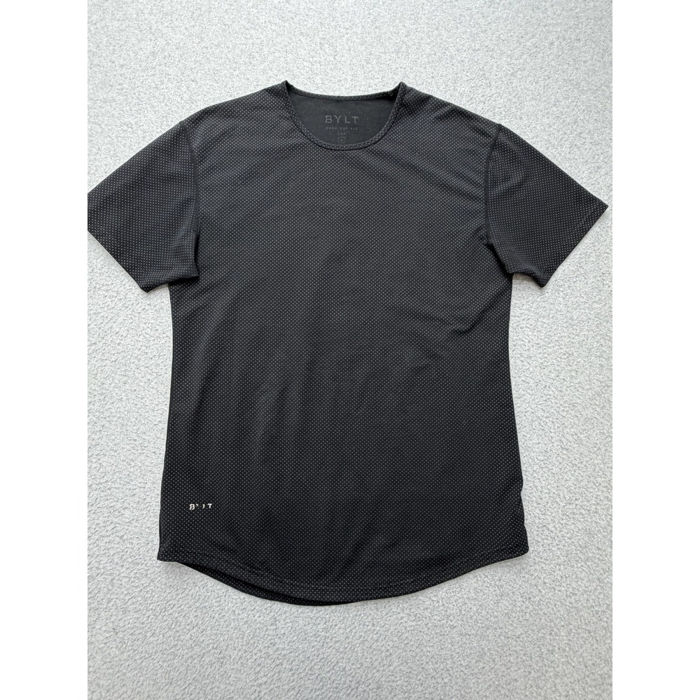 BYLT Shirt Mens Large Black Drop-Cut S/S Lux Polka Dot Curved Hem Soft Tee